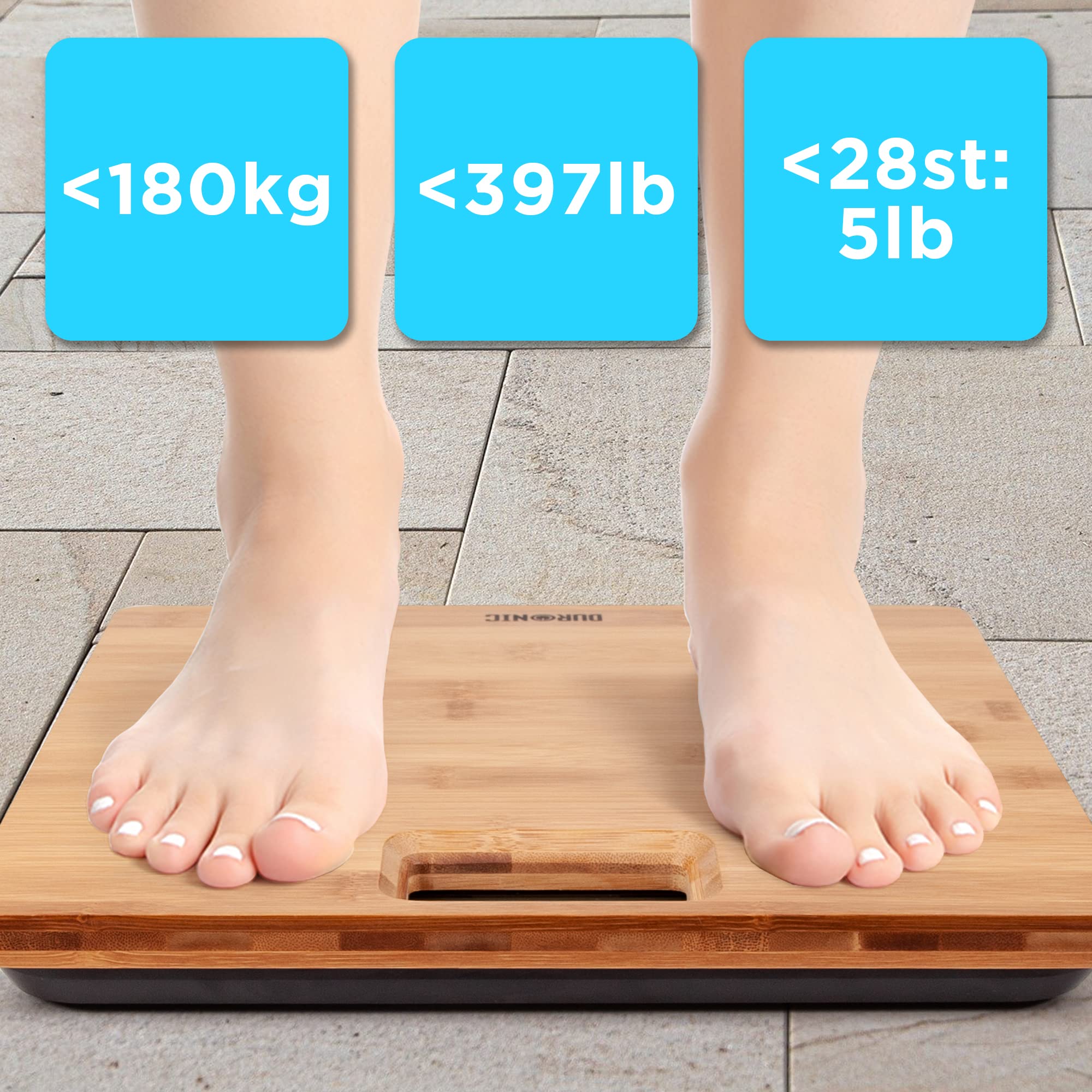 Duronic Digital Bathroom Scales showing weight capacity in kg, lb, and st.