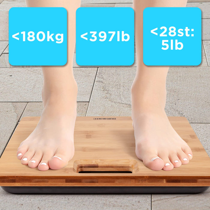 Duronic Digital Bathroom Scales showing weight capacity in kg, lb, and st.
