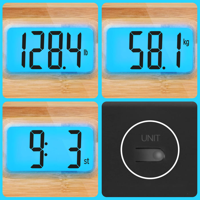 Duronic Digital Bathroom Scales showing weight in pounds, kilograms, and stone with a unit toggle button.