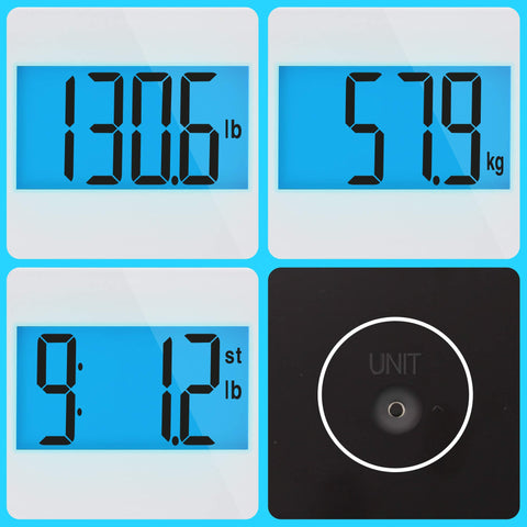 Duronic Digital Bathroom Scales showing weight in pounds, kilograms, and stone with unit toggle button.