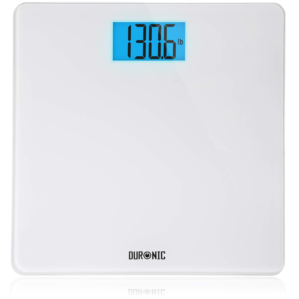 Duronic Digital Bathroom Scales  with a blue backlit LCD screen displaying 130.6 lbs weight.
