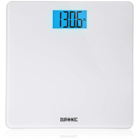 Duronic Digital Bathroom Scales  with a blue backlit LCD screen displaying 130.6 lbs weight.