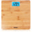 Duronic Digital Bathroom Scales with a natural bamboo finish. The display is currently reading 128.4 lb.