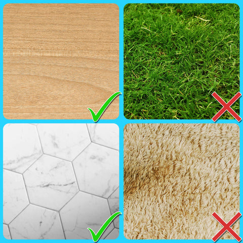 Duronic Digital Bathroom Scales with comparison of four flooring surfaces: wood and tile marked with checks; grass and carpet with crosses.
