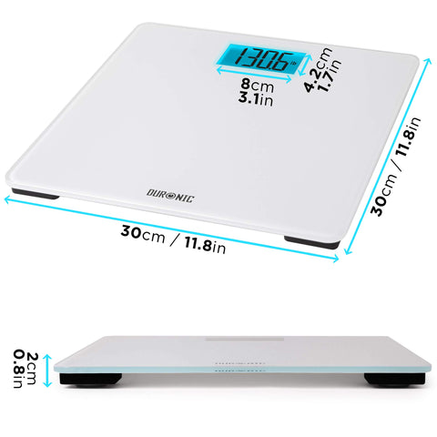 Duronic Digital Bathroom Scales with dimensions 30cm x 30cm and slim profile.
