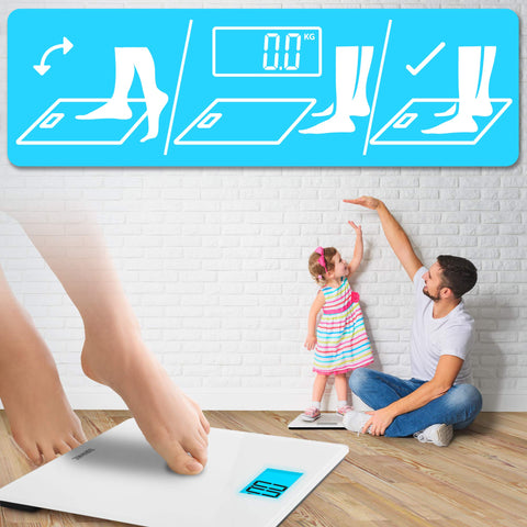Duronic Digital Bathroom Scales with instructional icons and a father measuring his young daughter’s height.