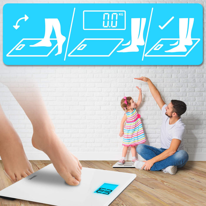 Duronic Digital Bathroom Scales with instructional icons and a father measuring his young daughter’s height.