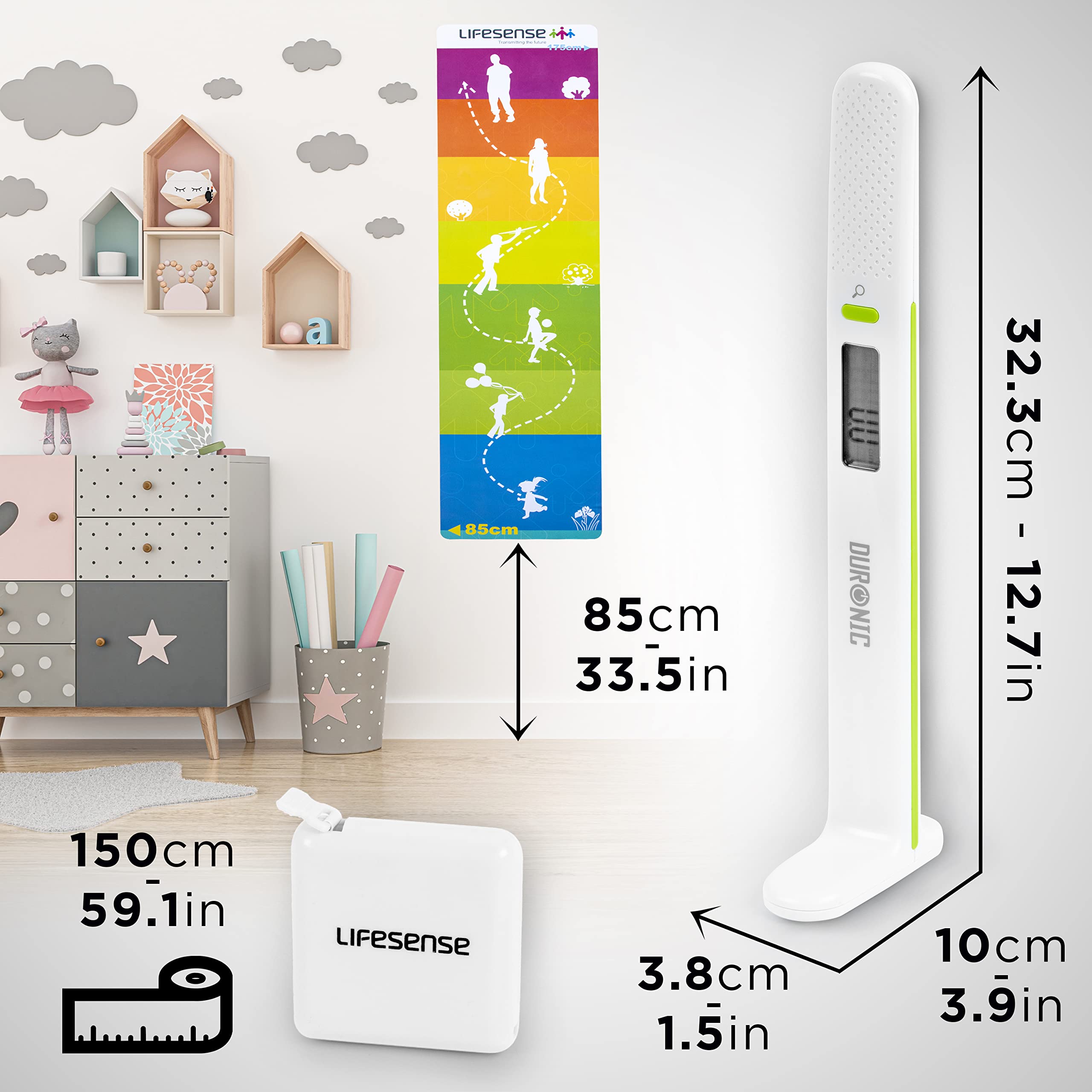 Duronic Digital Height Tape Measure featuring digital stadiometer, wall chart, and tape measure dimensions.