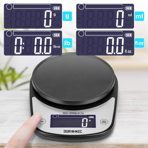 Duronic Digital Kitchen Scale featuring a backlit display that toggles between grams, milliliters, pounds and ounces, and fluid ounces.