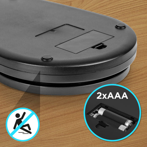 Duronic Digital Kitchen Scale featuring non-slip rubber feet and a battery compartment that requires two AAA batteries.