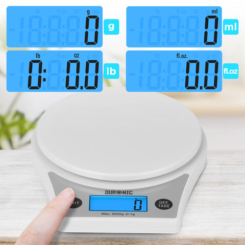 Duronic Digital Kitchen Scale showing four different measurement modes on a blue backlit LCD display.