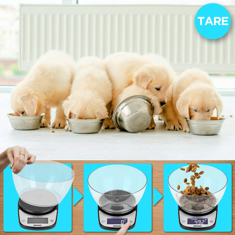 Duronic Digital Kitchen Scale three-step demonstration of the digital scale's tare function shows a bowl being placed, the display resetting to zero, and pet food being weighed accurately, alongside a group of golden retriever puppies eating from bowls.