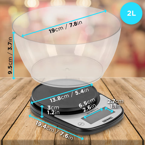 Duronic Digital Kitchen Scale with detailed dimensions shown in centimeters and inches for both the scale and the bowl.