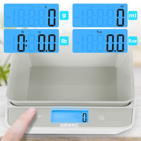 Duronic Digital Kitchen Scales showing four measurement modes: grams, milliliters, pounds, and fluid ounces.