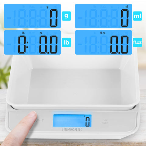 Duronic Digital Kitchen Scales showing four measurement modes: grams, milliliters, pounds/ounces, and fluid ounces.