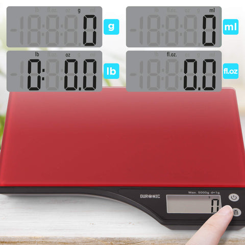 Duronic Digital Kitchen Scales showing four unit display modes: grams, milliliters, pounds,