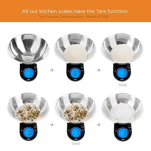 Duronic Digital Kitchen Scales showing how the Tare function allows you to reset the display to zero between adding different ingredients to the bowl.