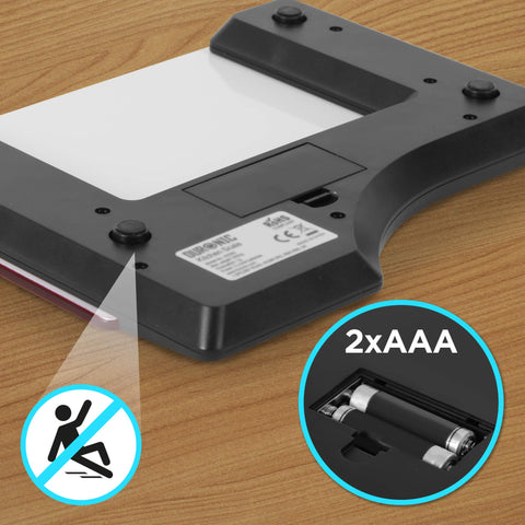 Duronic Digital Kitchen Scales showing non-slip feet and the 2xAAA battery compartment open.