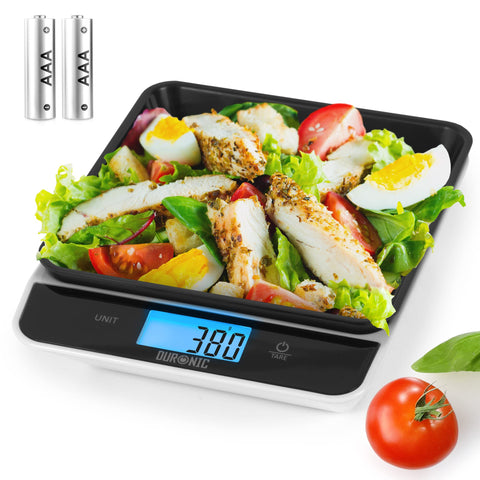 Duronic Digital Kitchen Scales weighing a chicken salad in a black tray with AAA batteries.