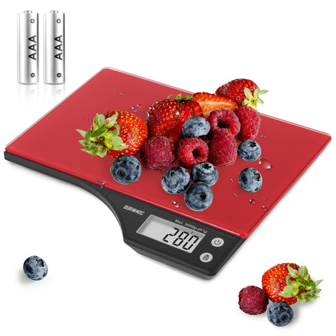 Duronic Digital Kitchen Scales weighing mixed berries, featuring a large LCD display and AAA batteries.