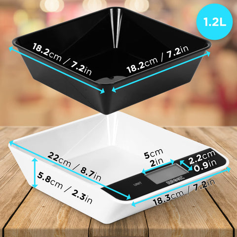 Duronic Digital Kitchen Scales with a 1.2L removable bowl and detailed dimensions.