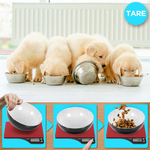 Duronic Digital Kitchen Scales with a three-step graphic demonstrating the scale's tare function.
