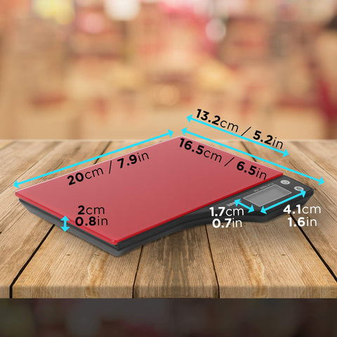 Duronic Digital Kitchen Scales with glass platform on a wooden table, showing detailed metric and imperial dimensions.