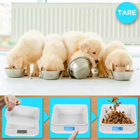Duronic Digital Kitchen Scales with puppies eating from bowls and a demonstration of a kitchen scale's tare function.