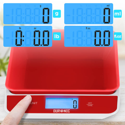 Duronic Digital Kitchen scale showing four different unit measurement display options.