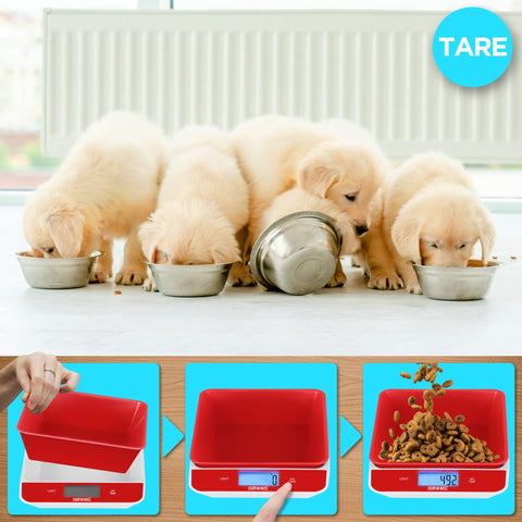 Duronic Digital Kitchen showing how to tare a digital pet scale to weigh dog food kibble accurately.