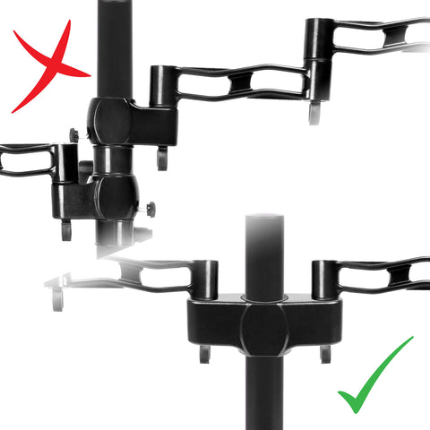 Duronic Dual Arm Holder showing dual monitor arm setup: incorrect stacked mounting versus correct side-by-side bracket installation.