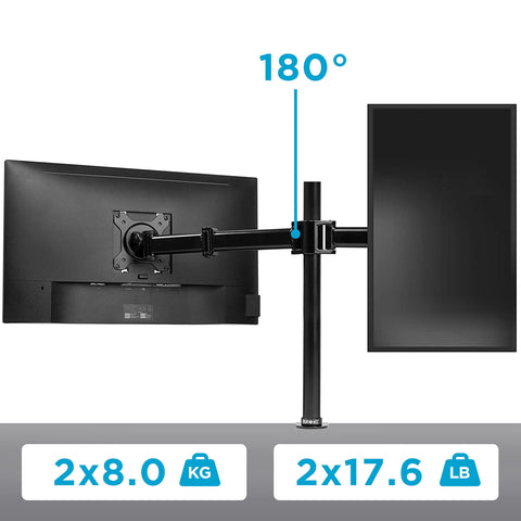 Duronic Dual Arm Holder with 180-degree swivel, supporting two screens up to 17.6 lbs each.