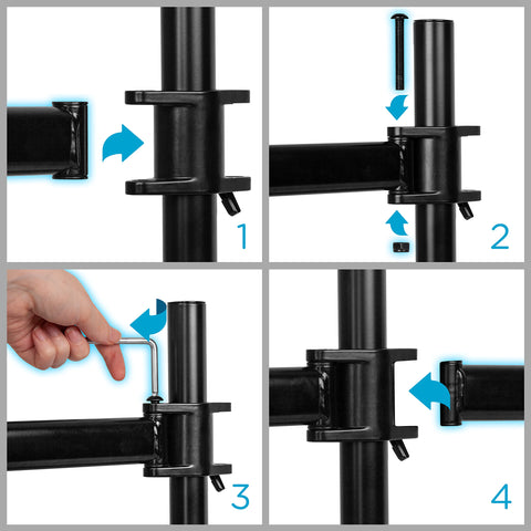 Duronic Dual Arm Holder with four-step assembly guide showing how to attach and secure monitor arms to a central pole.