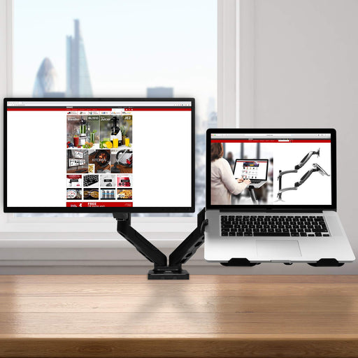 Duronic Dual Monitor Arm Stand holding a widescreen computer monitor and a laptop next to it.