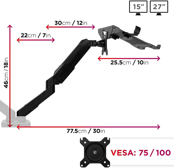 Duronic Dual Monitor Arm Stand with dimensions and VESA compatibility specifications displayed.