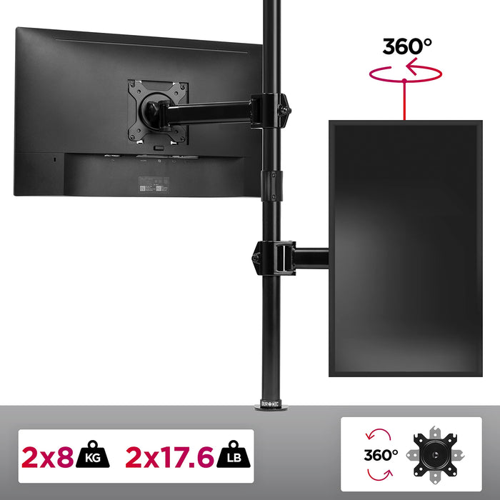 Duronic Dual Monitor Arms with adjustable arms, 360-degree rotation, and 17.6lb weight capacity per screen.