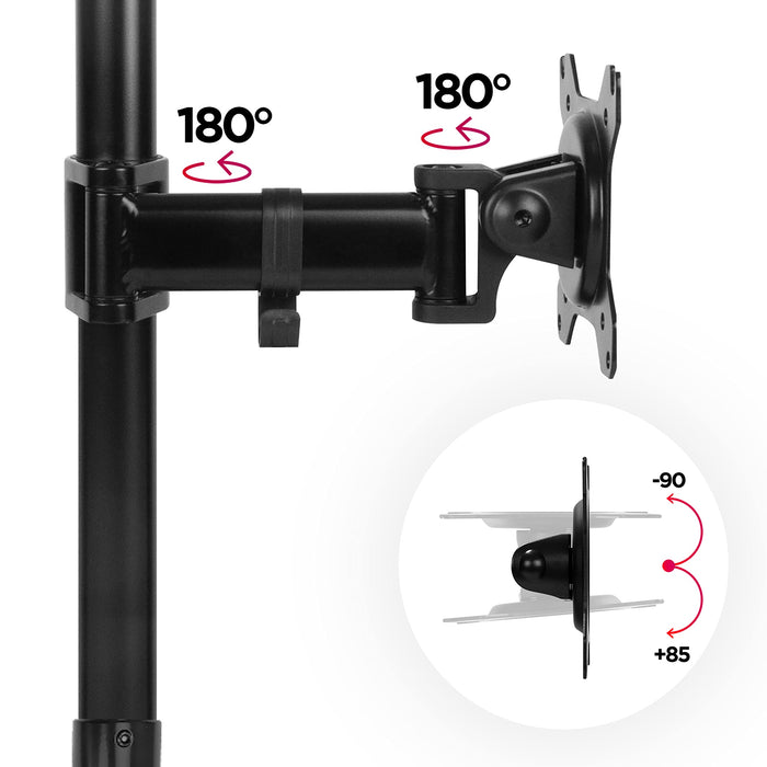 Duronic Dual Monitor Arms with vertical pole, 180-degree rotation, and 90-degree tilt capability.
