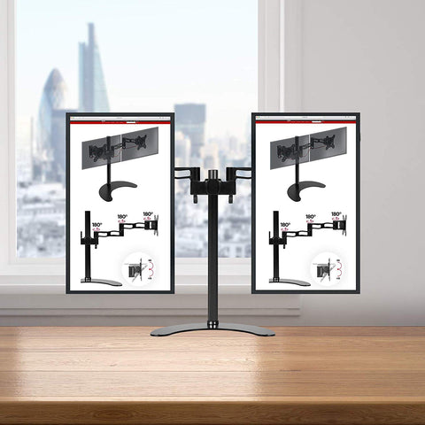 Duronic Dual Monitor Stand featuring two portrait screens displaying product specifications.