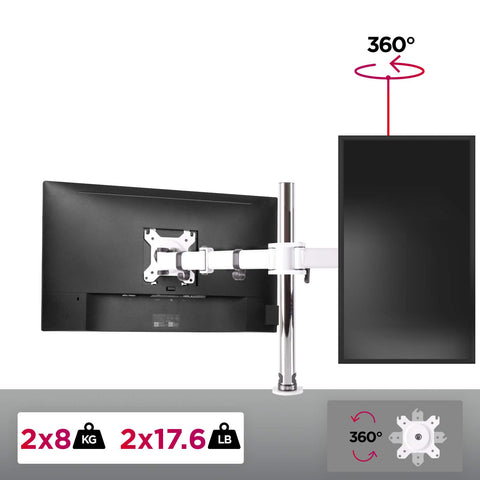 Duronic Dual Monitor Stand holding two screens, 17.6lb capacity per arm with 360-degree rotation.