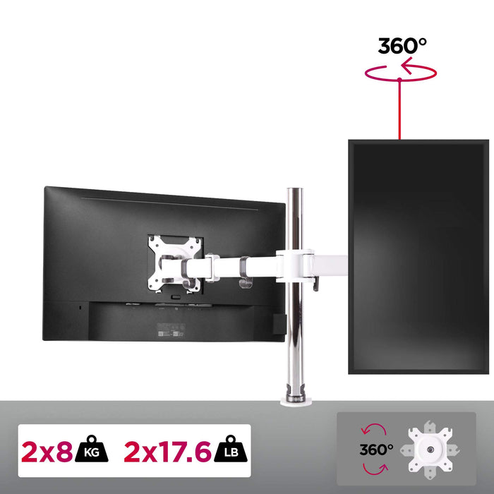 Duronic Dual Monitor Stand holding two screens, 17.6lb capacity per arm with 360-degree rotation.