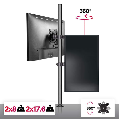 Duronic Dual Monitor Stand holding two screens in landscape and portrait with 360-degree rotation capability.