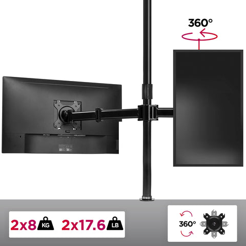 Duronic Dual Monitor Stand holding two screens, one landscape and one portrait, 17.6lb capacity per arm.