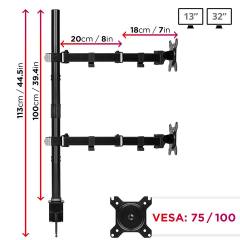 Duronic Dual Monitor Stand showing 100cm height, 38cm arm reach, and VESA 75/100 compatibility.