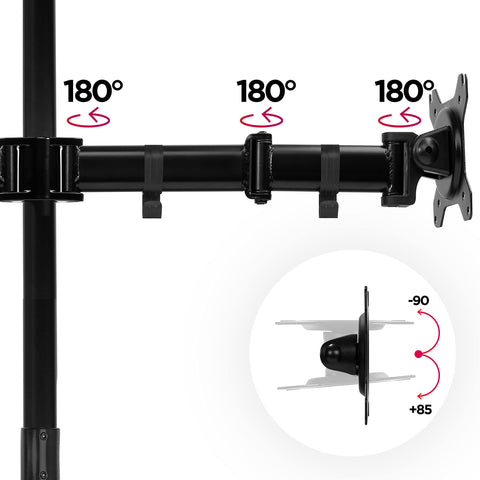 Duronic Dual Monitor Stand showing 180-degree swivel points and vertical tilt range for ergonomic setups.