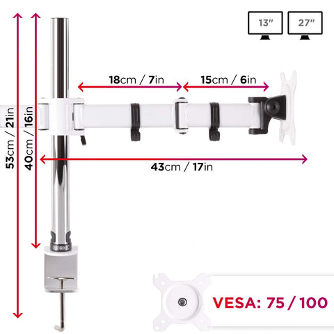Duronic Dual Monitor Stand showing adjustable height, reach, and VESA mount compatibility.