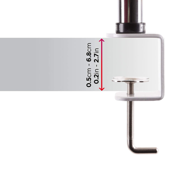 Duronic Dual Monitor Stand showing adjustable thickness range from 0.5cm to 6.8cm (0.2in to 2.7in).