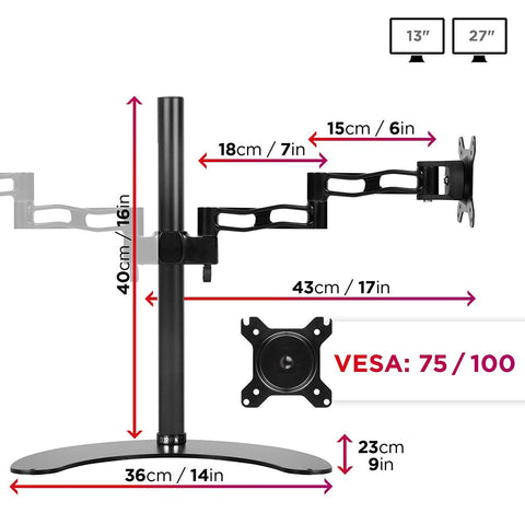 Duronic Dual Monitor Stand showing arm lengths, pole height, base size, and VESA compatibility.