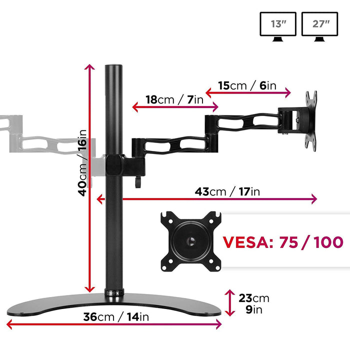 Duronic Dual Monitor Stand showing arm lengths, pole height, base size, and VESA compatibility.