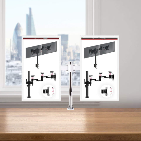 Duronic Dual Monitor Stand with adjustable arms and swivel joints clamped to a wooden office desk.
