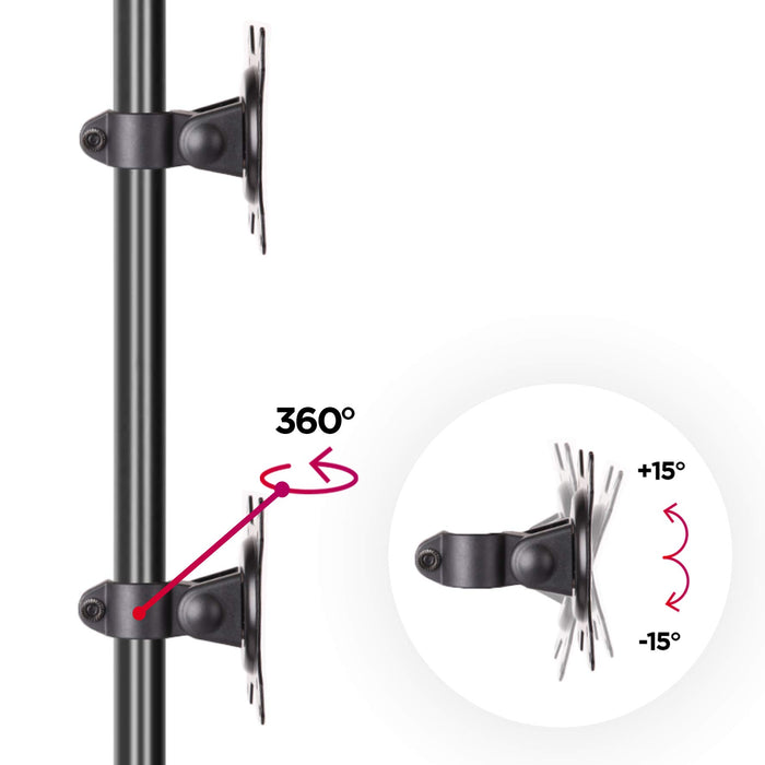 Duronic Dual Monitor Stand with 360-degree rotation and 15-degree tilt functionality for ergonomic screen positioning.